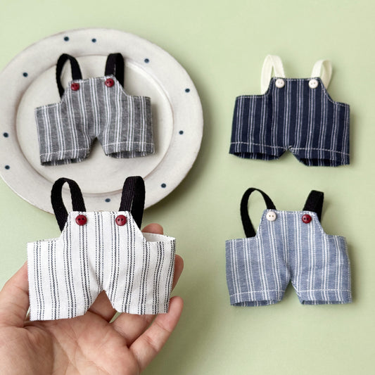 Striped Doll Overalls – White Black Gray Blue | Adjustable Fit for 17cm Dolls