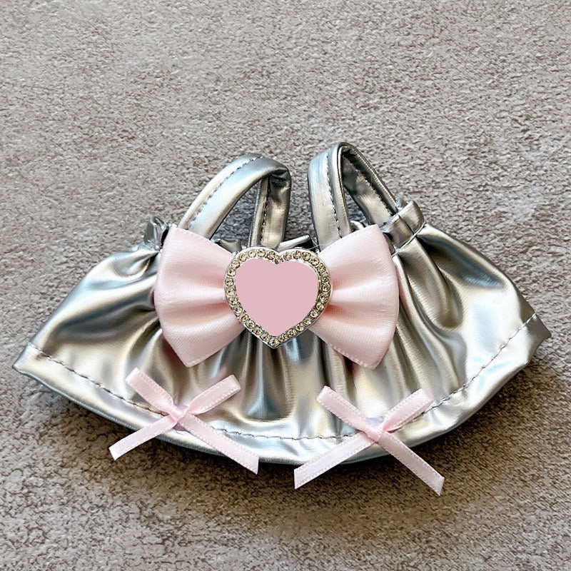 Silver Faux Leather Suspender Skirt with Bow Detail