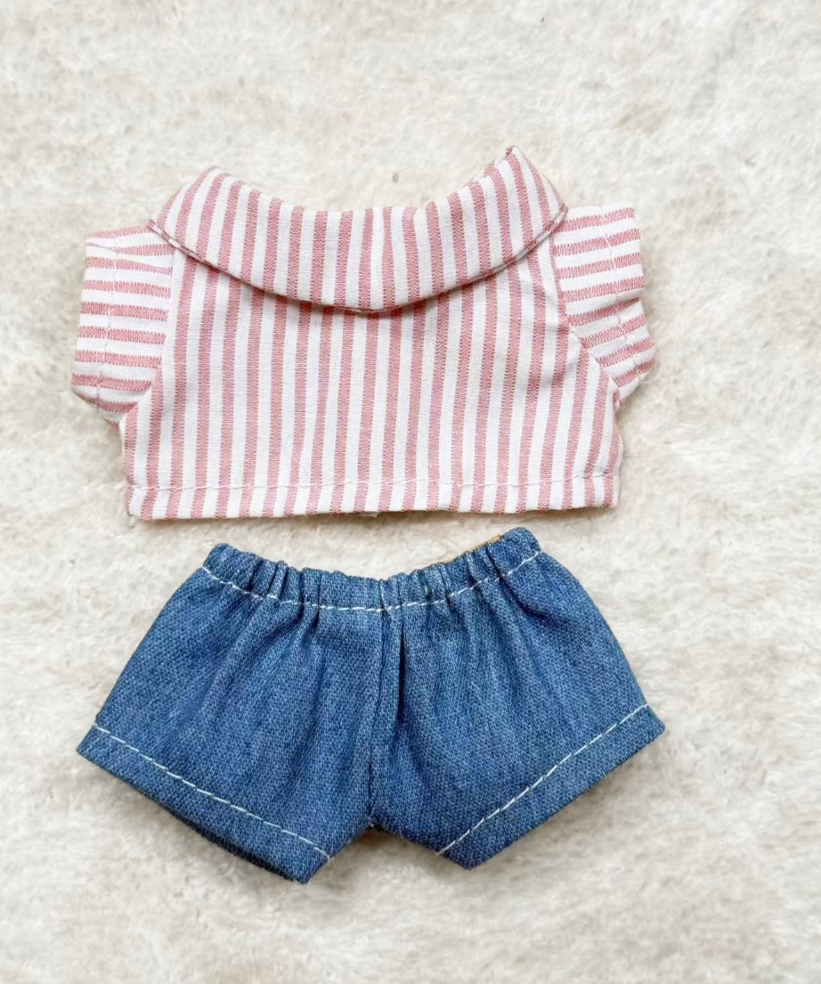 Black Bow Straw Hat Striped Shirt Jeans Set for 17cm Dolls