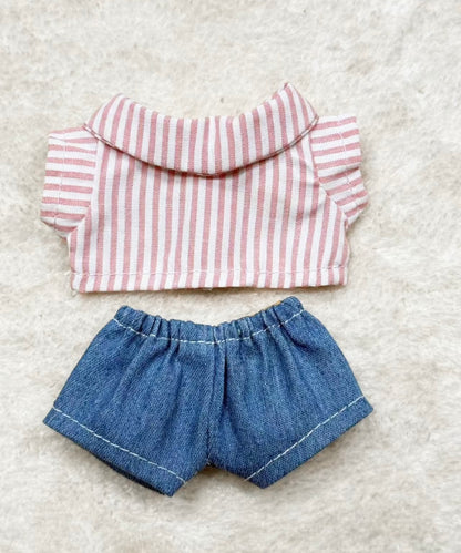 Black Bow Straw Hat Striped Shirt Jeans Set for 17cm Dolls