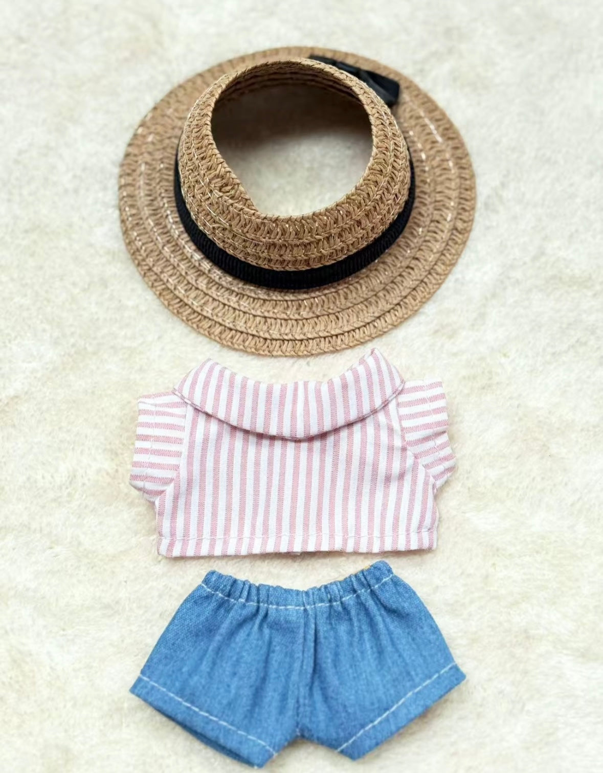 Black Bow Straw Hat Striped Shirt Jeans Set for 17cm Dolls