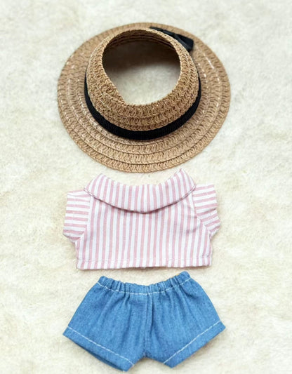 Black Bow Straw Hat Striped Shirt Jeans Set for 17cm Dolls
