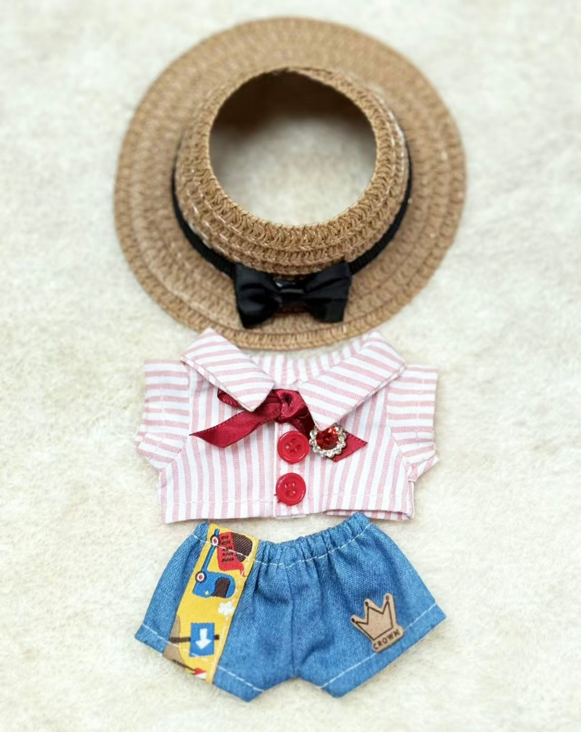 Black Bow Straw Hat Striped Shirt Jeans Set for 17cm Dolls