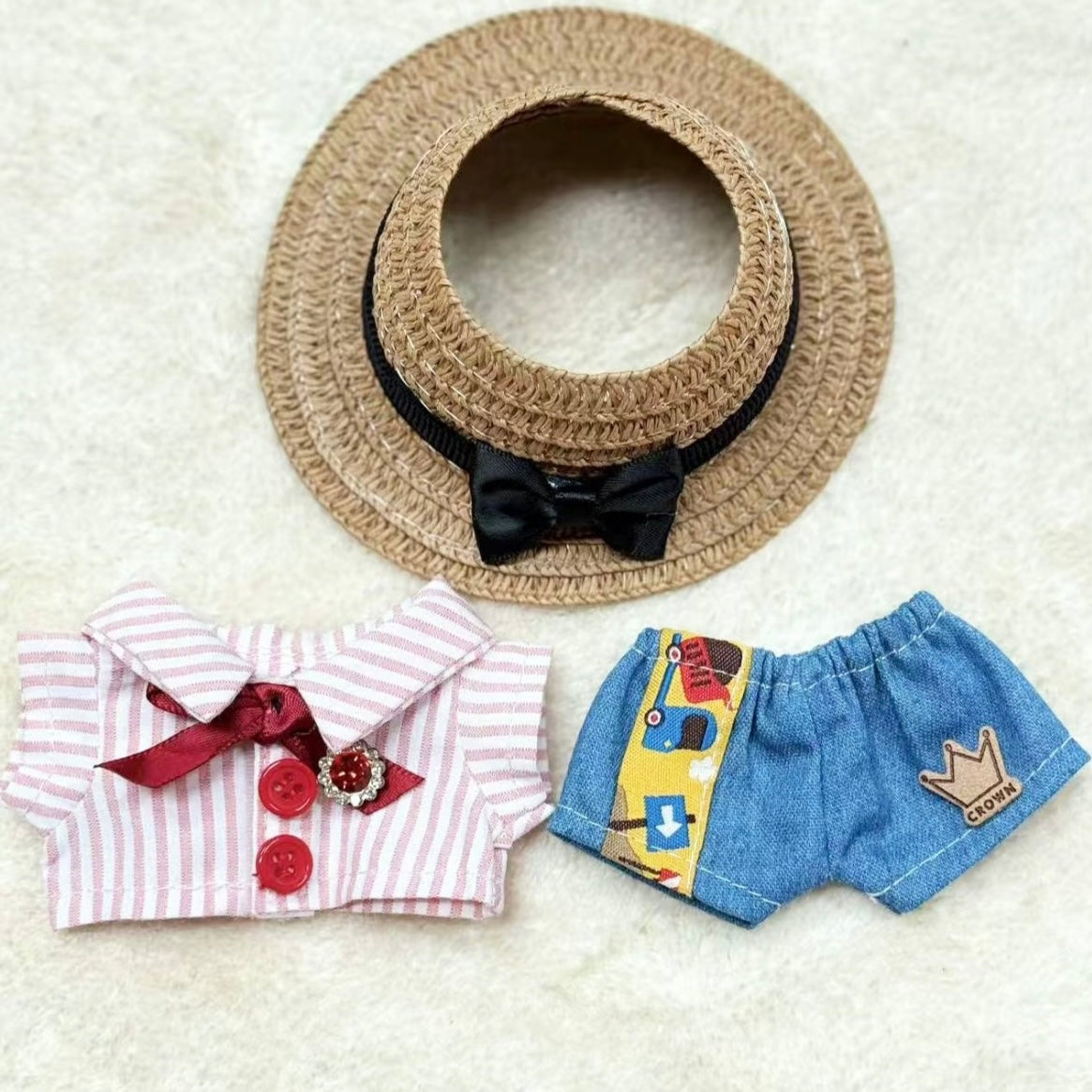 Black Bow Straw Hat Striped Shirt Jeans Set for 17cm Dolls