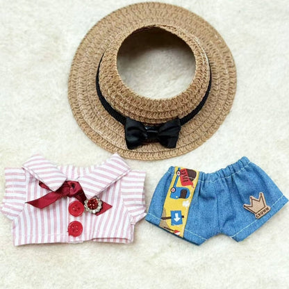 Black Bow Straw Hat Striped Shirt Jeans Set for 17cm Dolls