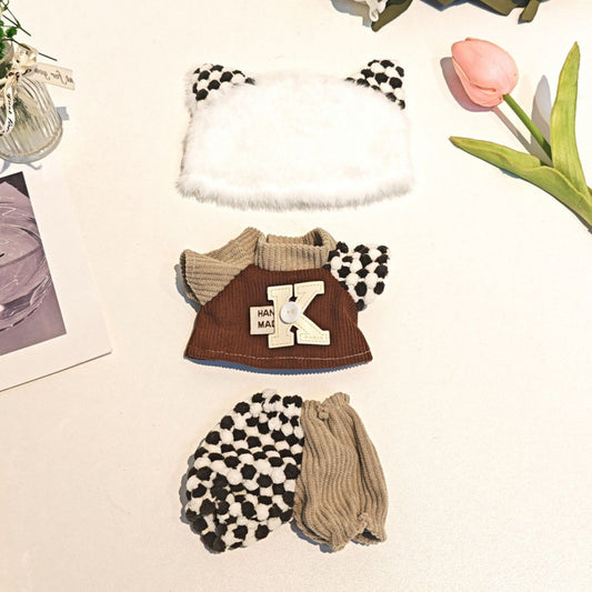 Black & White Cat Doll Outfit – Handmade Corduroy & Fuzzy Hat